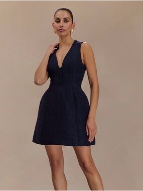 Meshki Navy Textured V-Neck Mini Dress